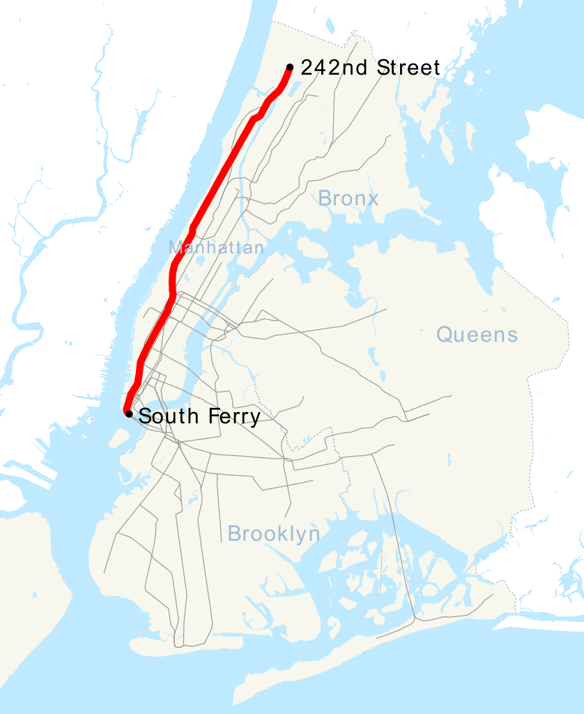 Map of the 1 Train in NYC subway